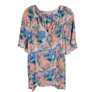 Rose And Olive 2x Top Short Sleeve Loose Fit Beach Tropical Colorful Office Pink